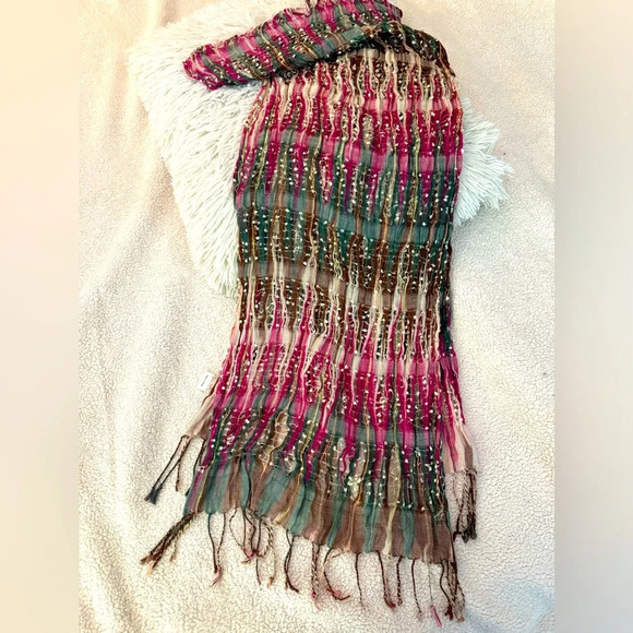 Made in India 100% Viscous Sheer Summer scarf. Colorful fringes L74”, W15”, soft - Picture 1 of 5
